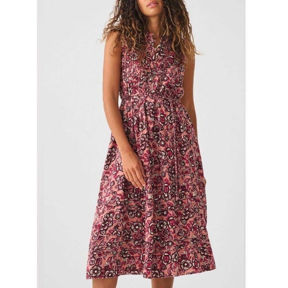 Faherty Floral Linen Blend Isha Midi Dress Rose Desert Bloom Size Large